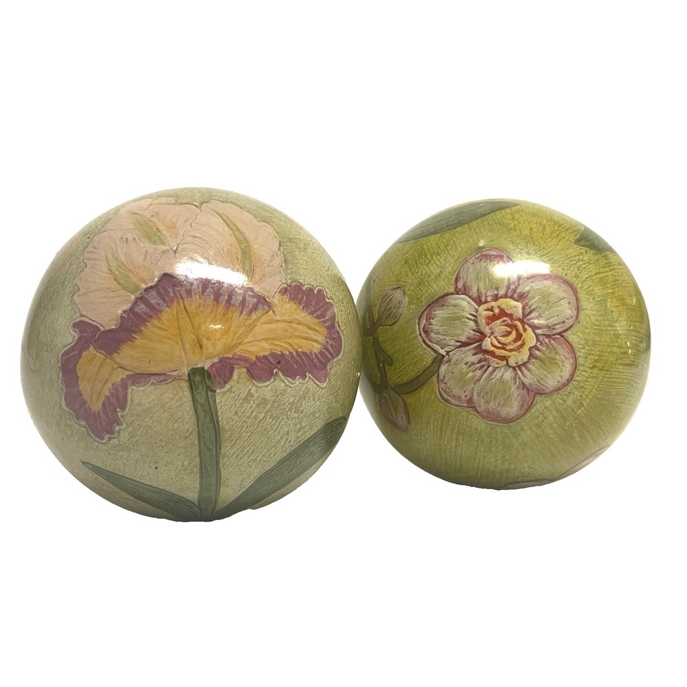 Set 2 Carpet Balls 4" Floral Glossy Green Decorative Spheres Iris Orchid Orbs